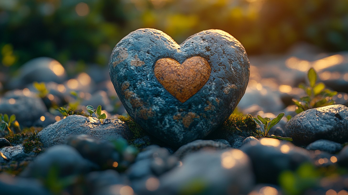 Nahaufnahme eines herzförmigen Steins in der Natur, sanftes Licht spiegelt sich darauf und strahlt Verletzlichkeit aus.
