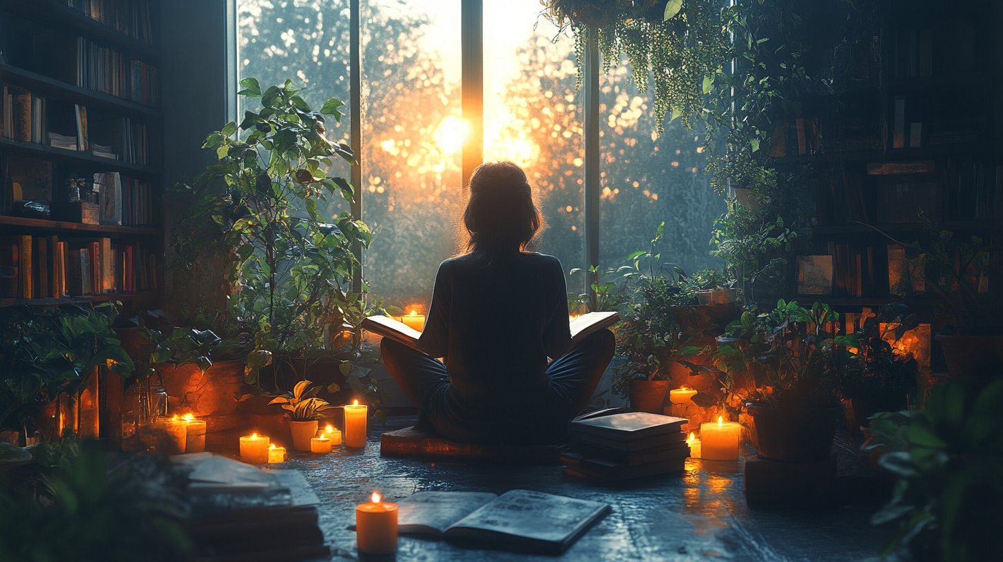 Eine gemütliche Innenszene zeigt eine Person, die bei Kerzenlicht und Pflanzen Selbstfürsorge praktiziert.
