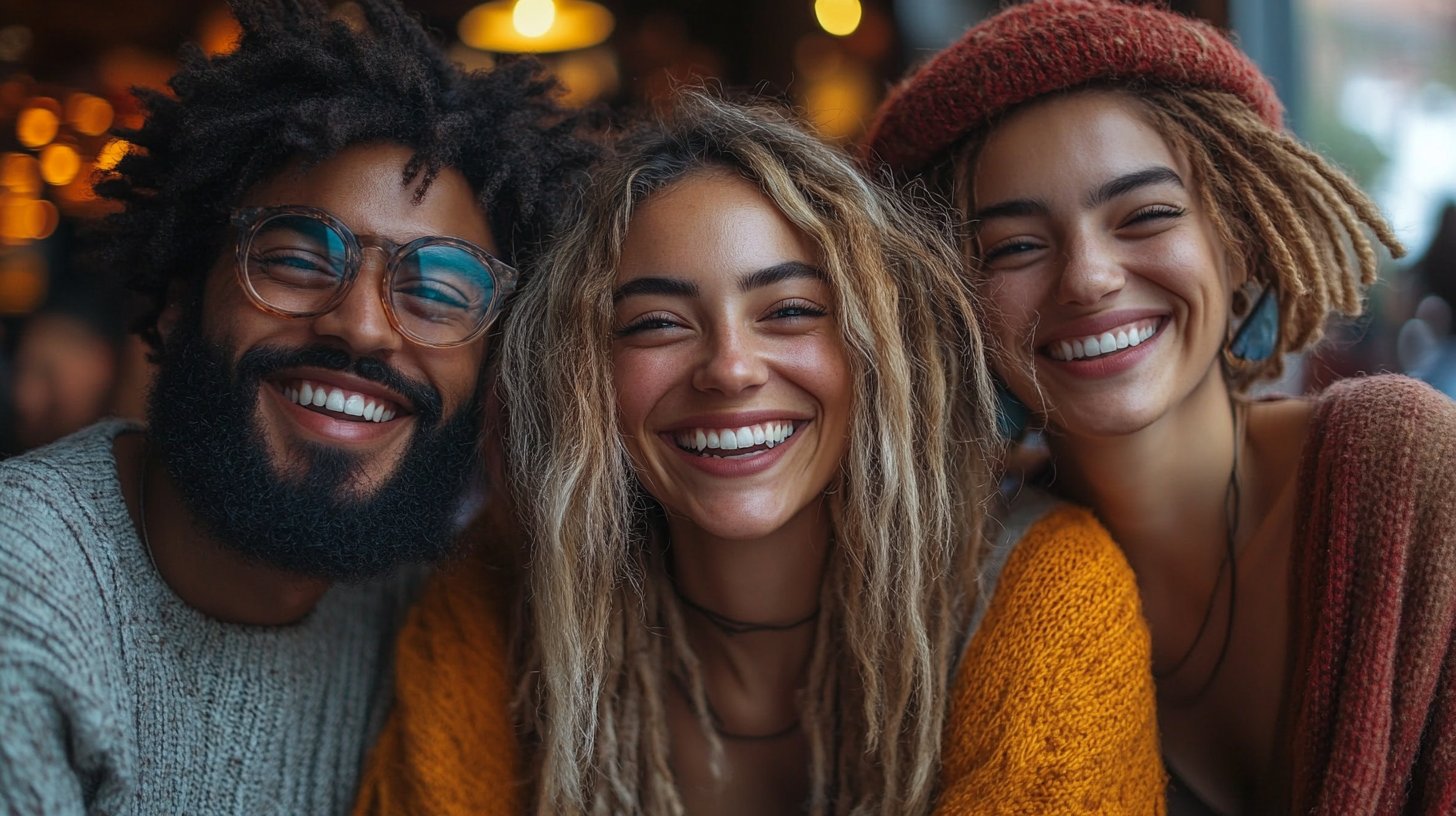 Eine Gruppe von Freunden lacht und unterstützt sich, strahlt positive Energie in schwierigen Zeiten aus.