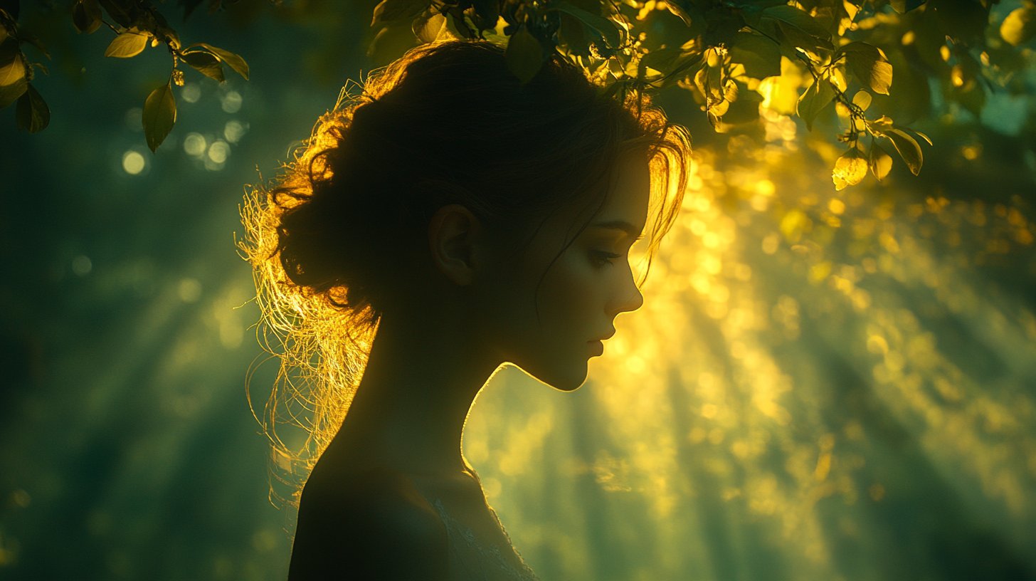 An enigmatic woman stands under a timeless tree with sunlight filtering through the leaves.