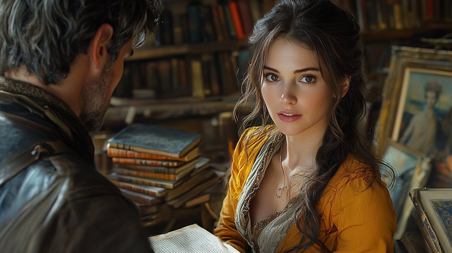 A dynamic scene of a confident woman passionately debating with a man.