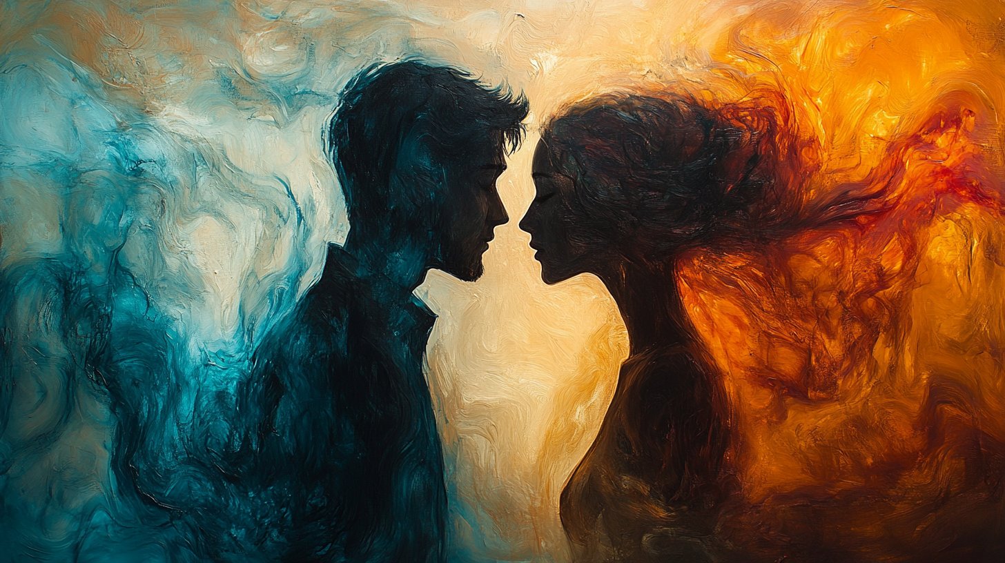 An abstract representation of invisible attraction with blurred silhouettes in swirling colors.
