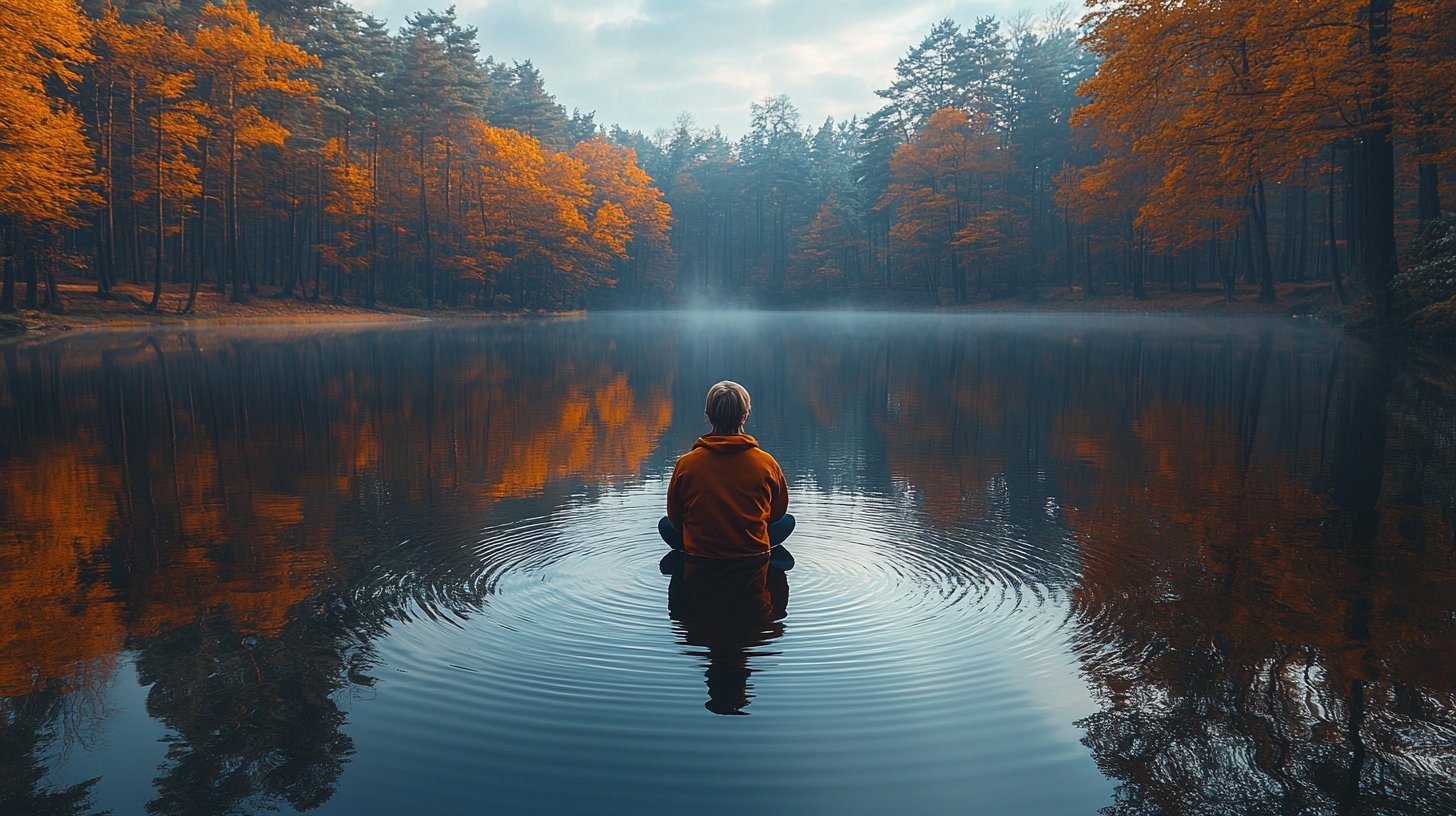 Eine Person in stiller Reflexion am ruhigen See, umgeben von Bäumen, steht für Selbstentdeckung und Wachstum.
