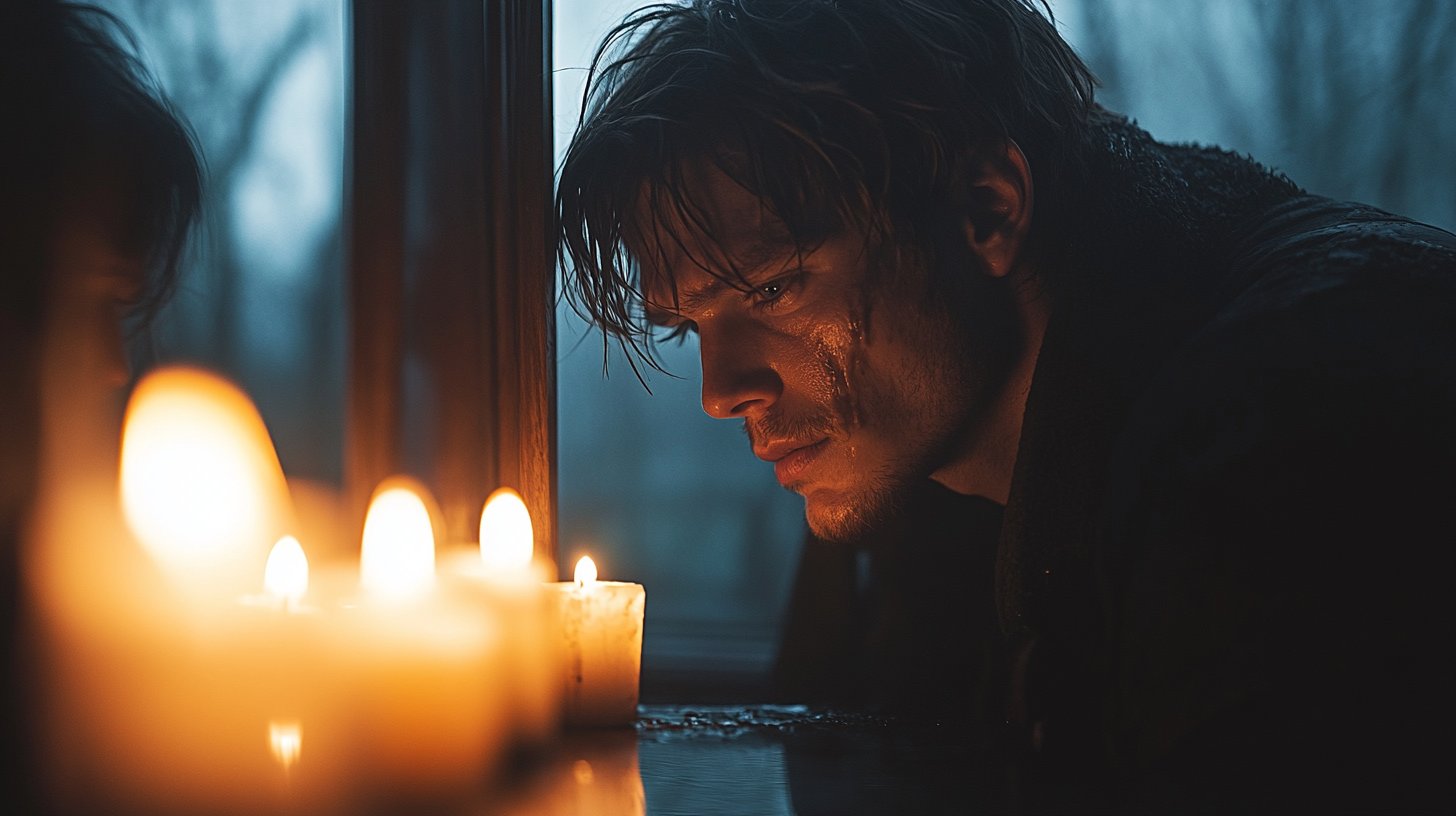 Una persona si guarda pensierosa nello specchio alla luce delle candele.