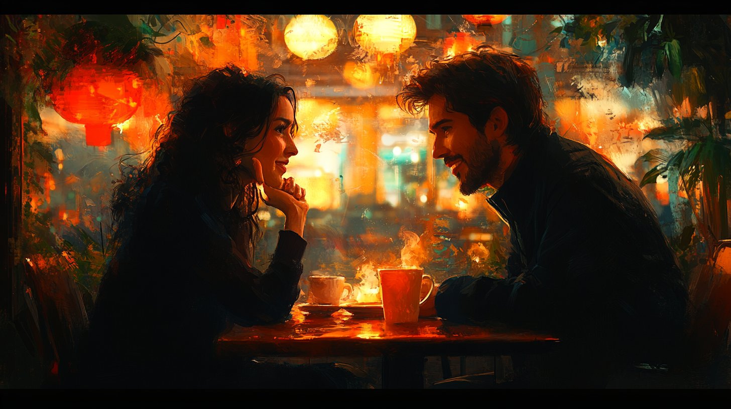 Due persone in una conversazione sincera in un caffè accogliente.