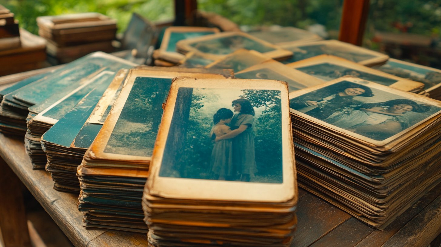 Eine Collage verblasster Fotos, die glückliche Erinnerungen an Freunde zeigt.