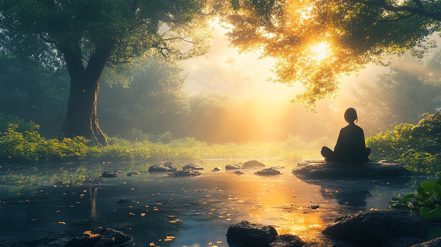 Eine ruhige Landschaft mit einer Person in der Natur, die Klarheit und Frieden symbolisiert.