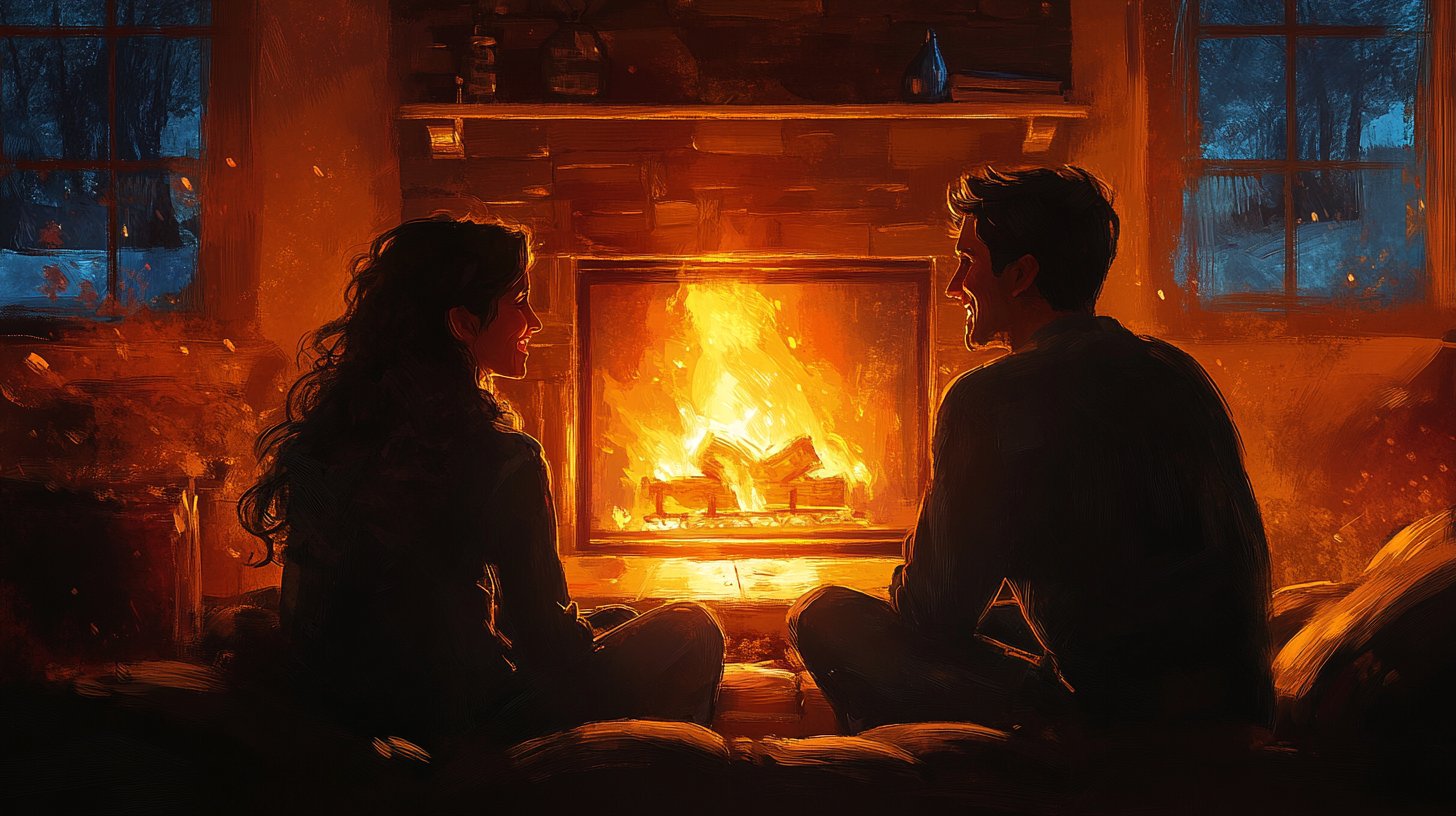 Ein Paar vertieft in ein freudiges Gespräch am Kamin.
