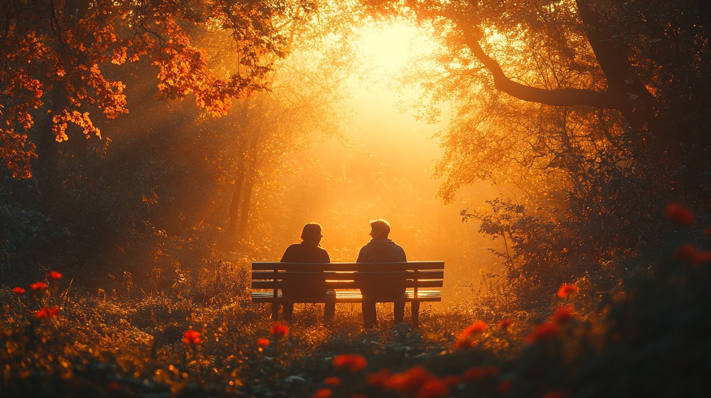 Dos figuras sentadas en un banco, en profunda conversación.