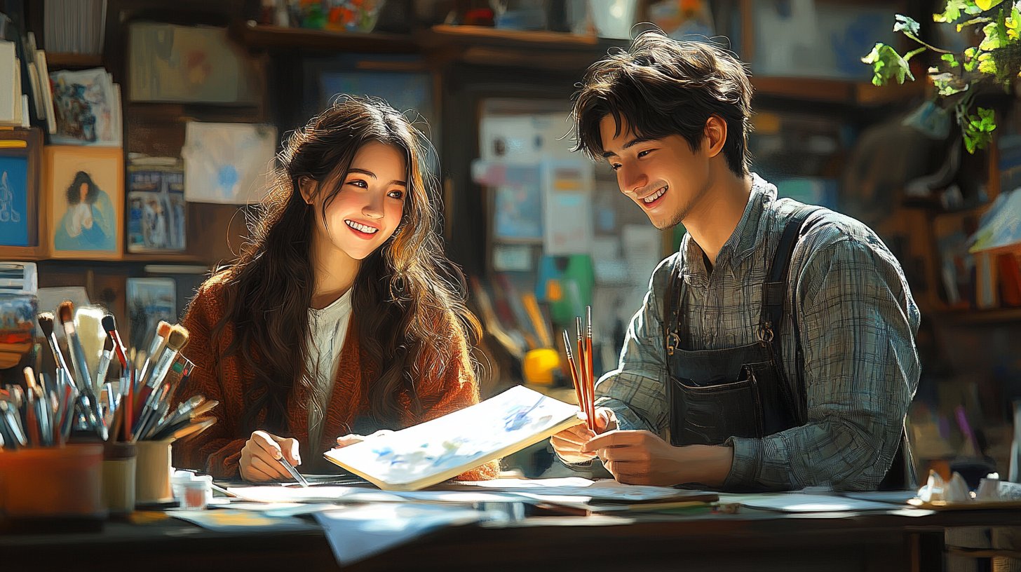 Freunde unterstützen sich in einem kreativen Raum voller Kunstmaterialien.