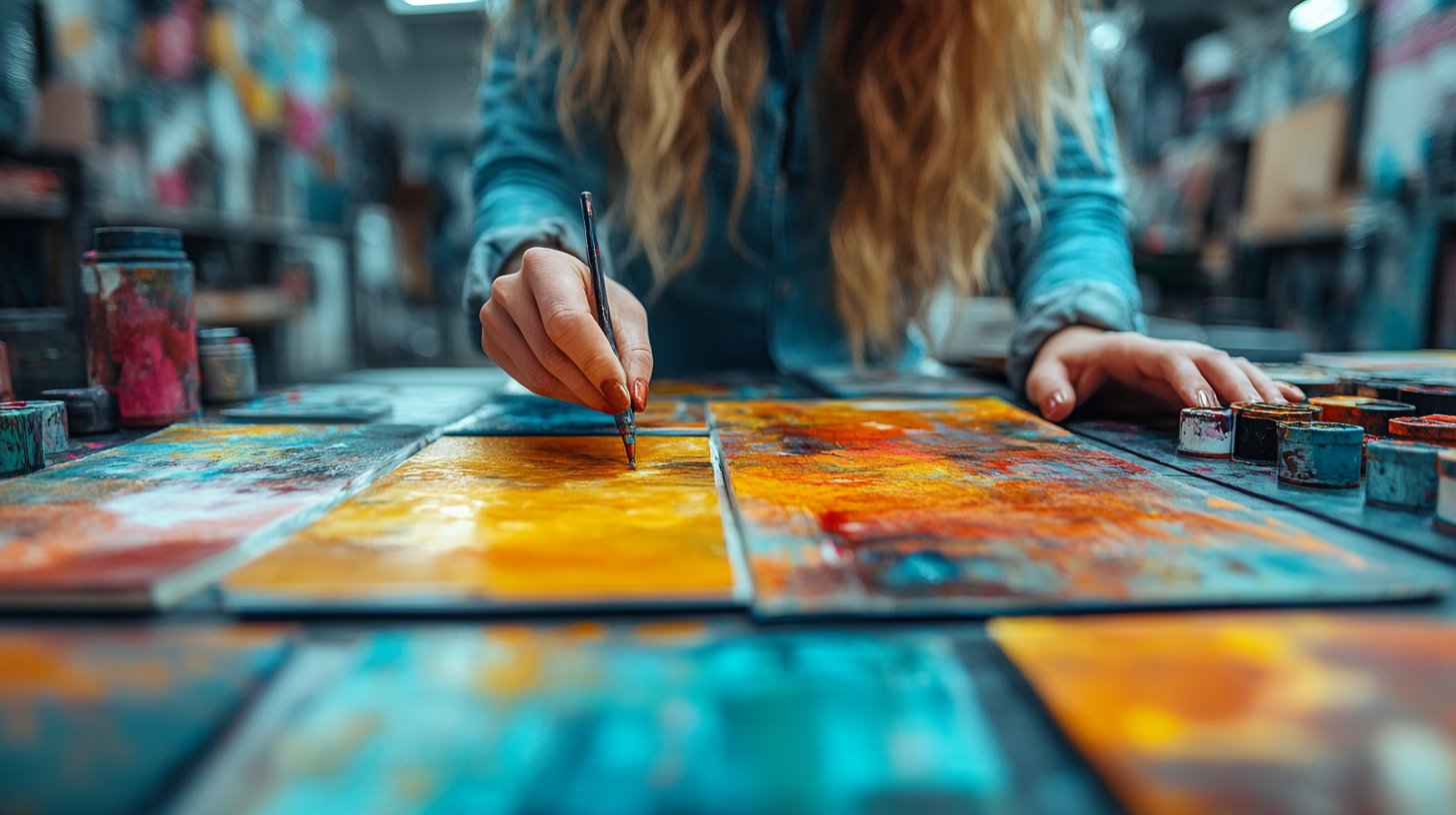 Künstler diskutieren Ideen über einen Tisch voller kreativer Materialien.