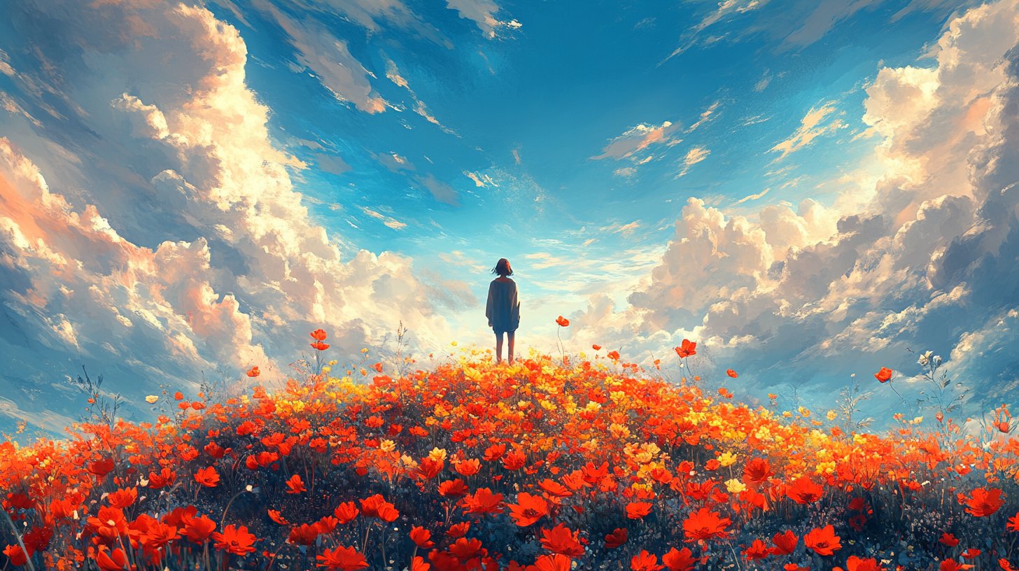 Eine ruhige Landschaft, die eine Person auf einem Hügel umgeben von bunten Blumen zeigt, die Selbstakzeptanz ausstrahlt.