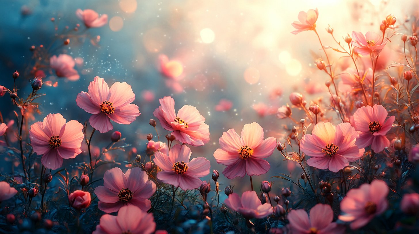 Eine friedliche Szene mit positiven Affirmationen, umgeben von blühenden Blumen und sanftem Licht.