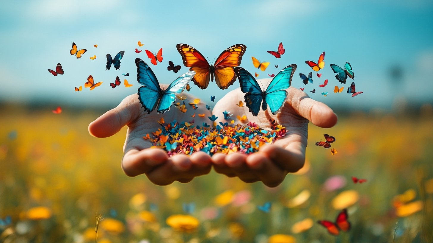 Eine einladende Darstellung von offenen Händen, die farbige Schmetterlinge in eine friedliche Landschaft entlassen.