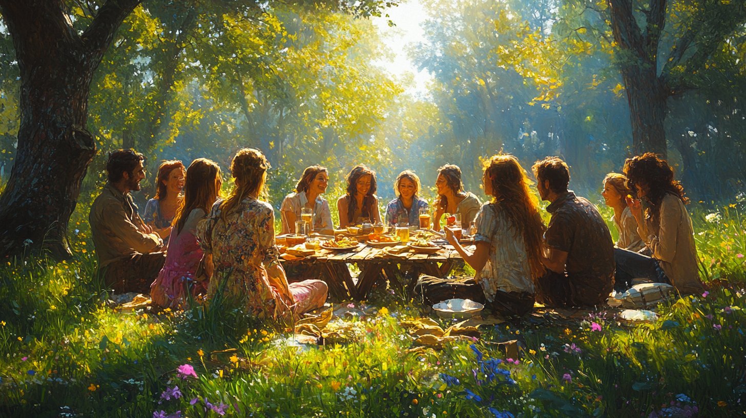 Un'affettuosa riunione di amici e familiari all'aperto.