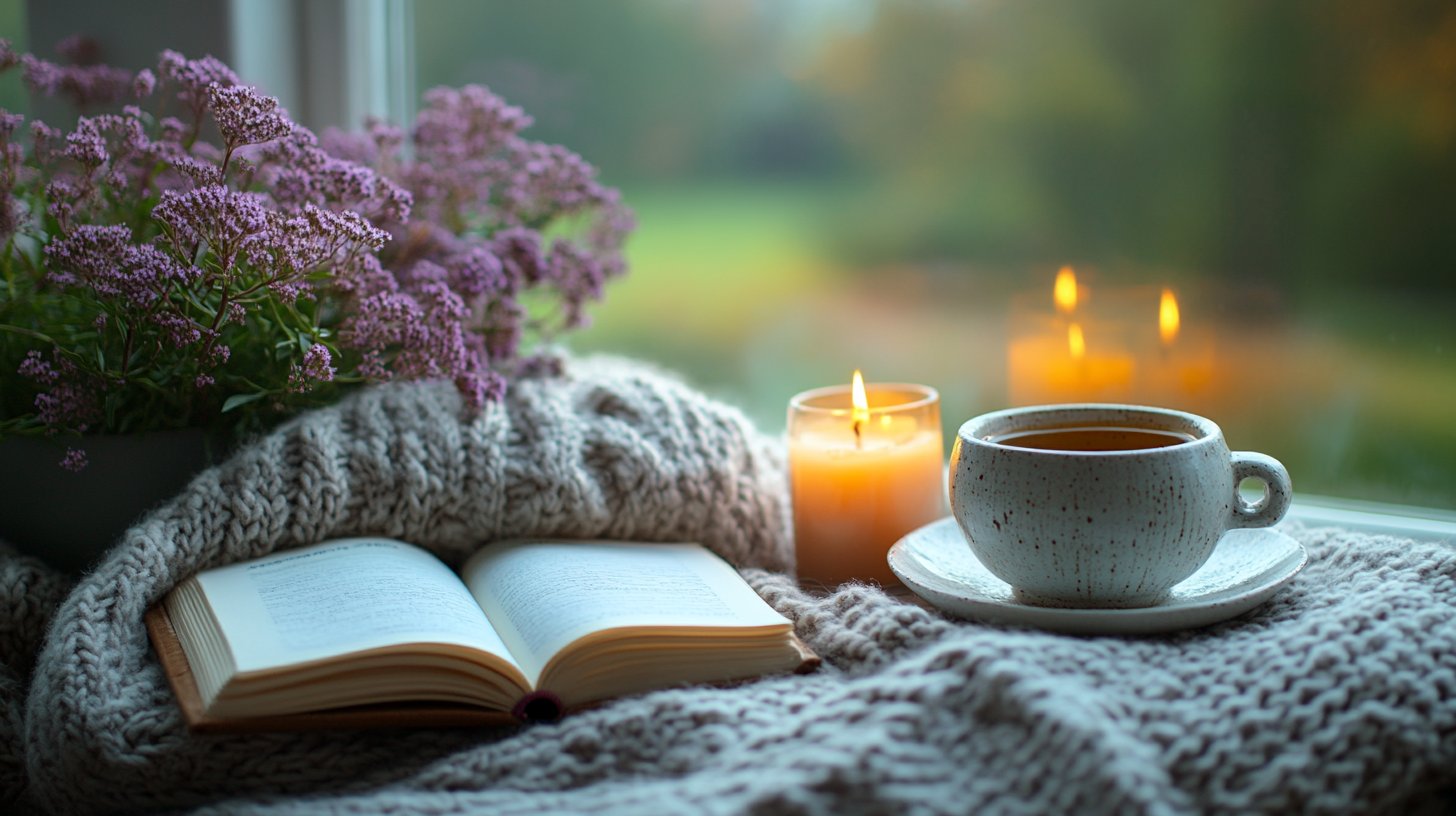 Une scène apaisante de soin de soi avec du thé et un journal.