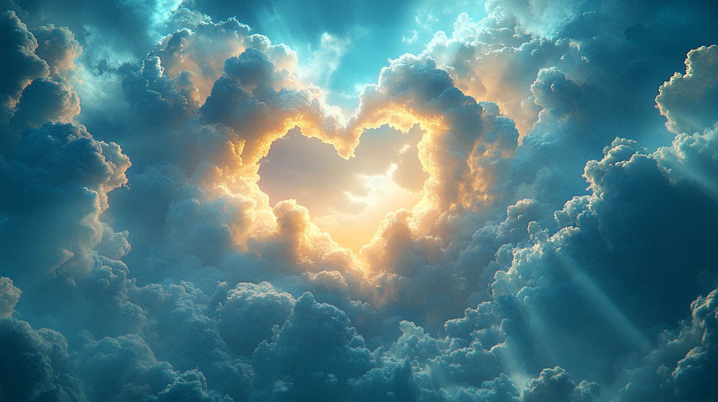 Una representación etérea del amor con una nube en forma de corazón en el cielo azul.