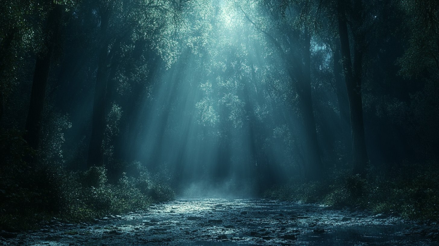 Un profundo y misterioso bosque al anochecer que refleja la naturaleza del deseo.