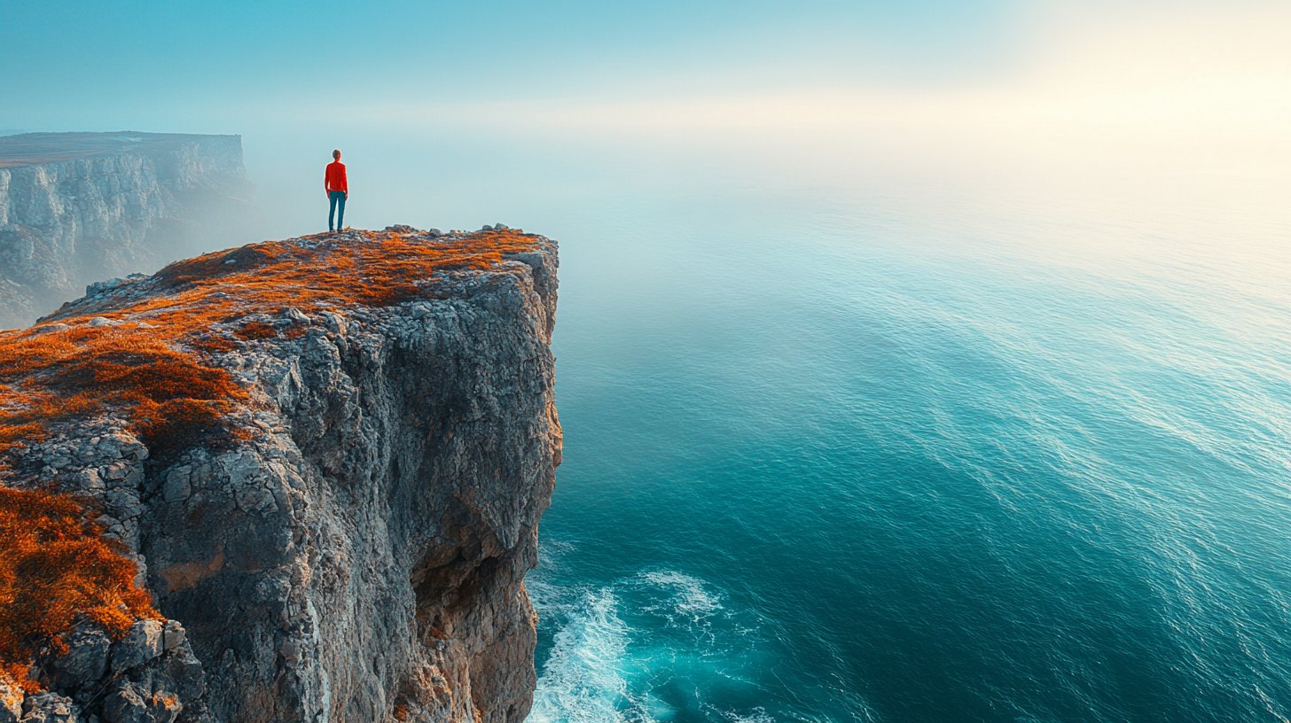 Eine Figur steht am Klippenrand und lässt los.