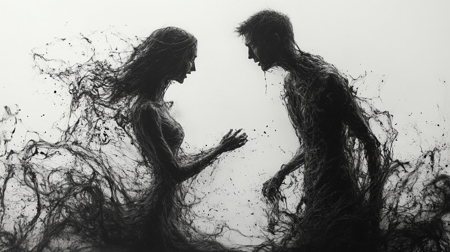 Sombras de dos figuras discutiendo, rodeadas de imágenes caóticas.