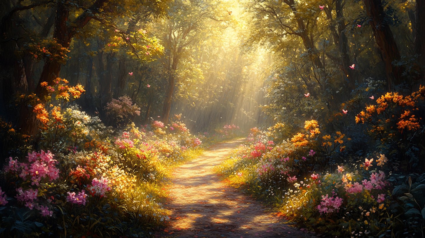 Un camino sereno en el bosque que simboliza la curación y el auto-descubrimiento.