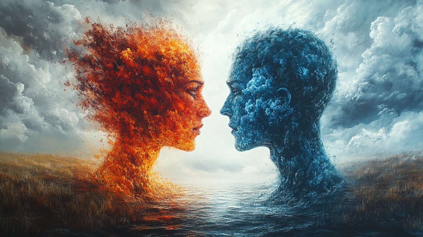 Zwei Figuren stehen sich gegenüber, eine voller Schmerz, die andere voller Bedauern, untermalt von einem stürmischen Himmel.