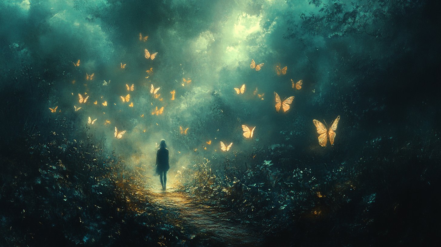 Ein gewundener Weg führt durch einen dunklen Wald, wo Schatten der Reue lauern und Erinnerungen durch Schmetterlinge symbolisiert werden.