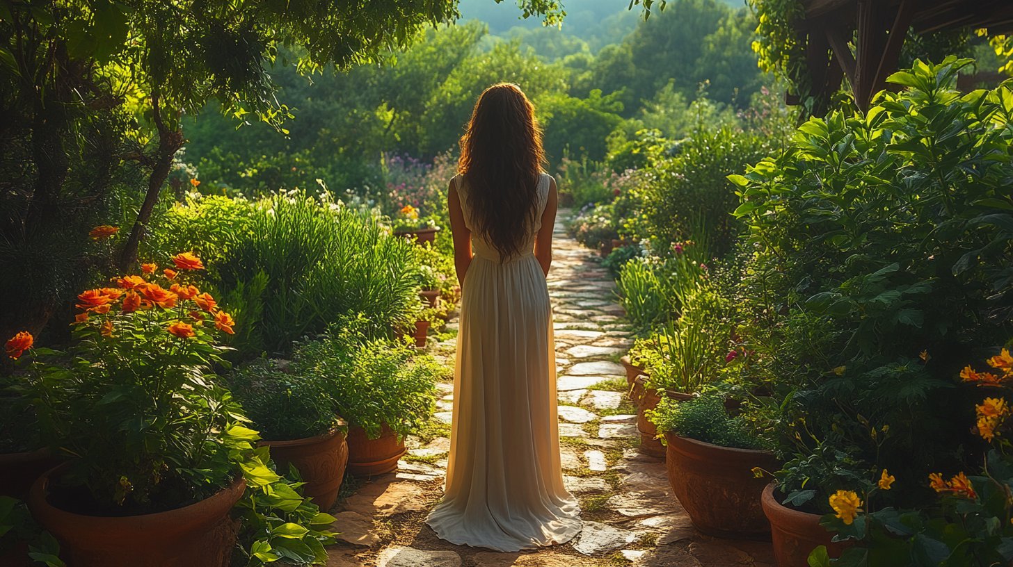 Eine Frau in harmonischem Gleichgewicht zwischen zwei Wegen in einem Garten.