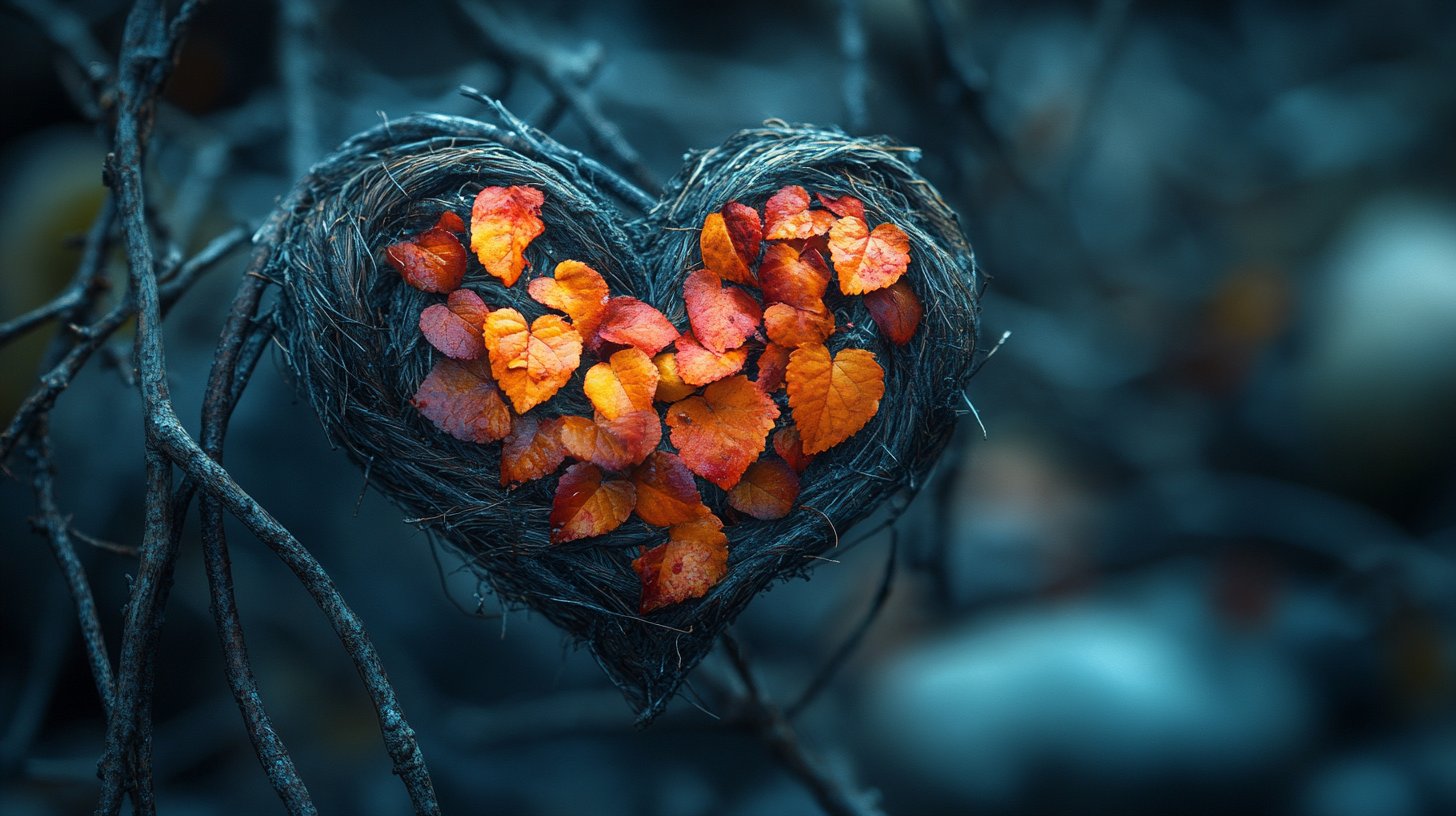 Gros plan sur un cœur brisé formé de vignes, symbolisant la confusion.