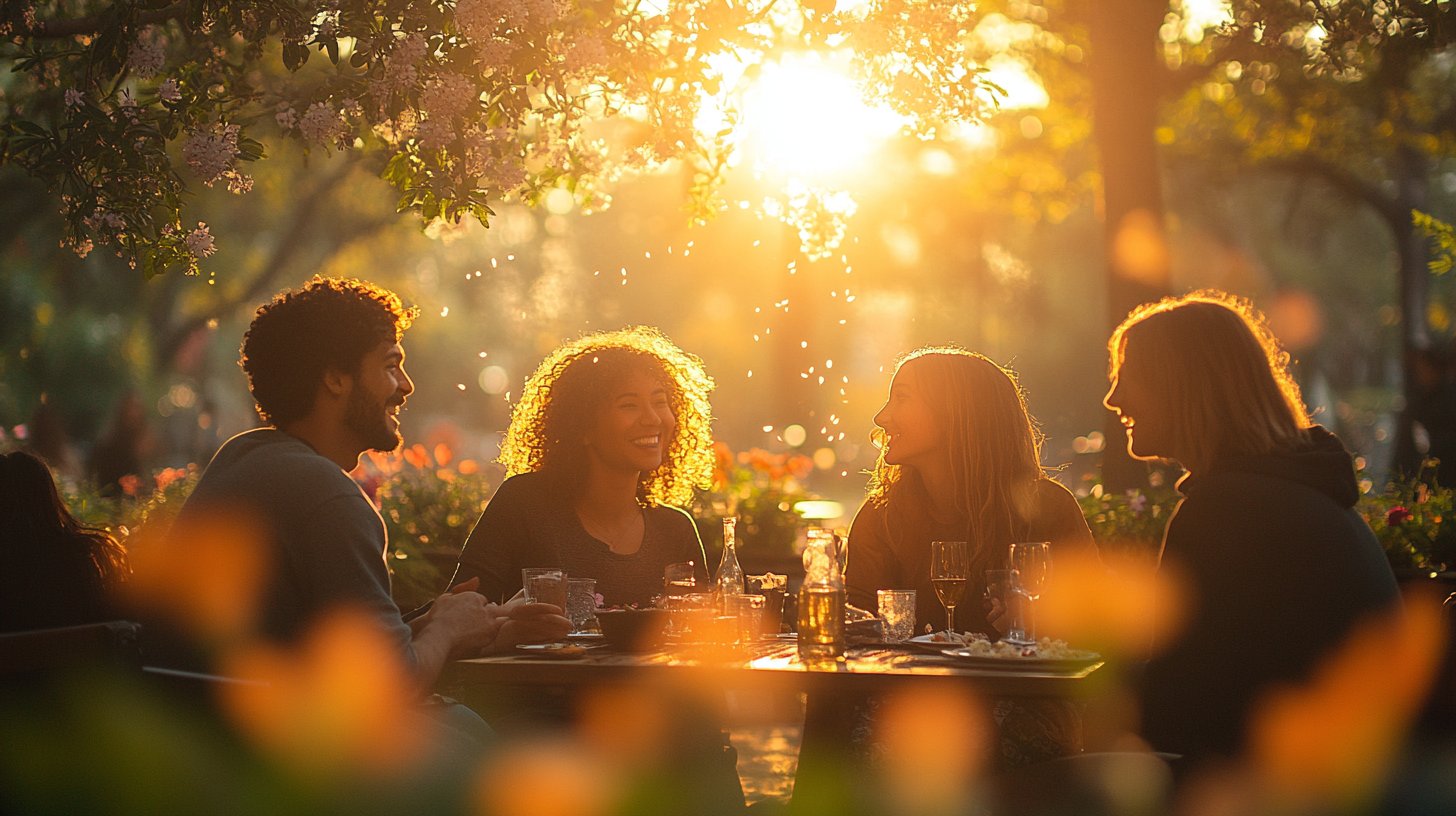 Eine Gruppe von Freunden genießt ein Picknick in einem sonnendurchfluteten Park.