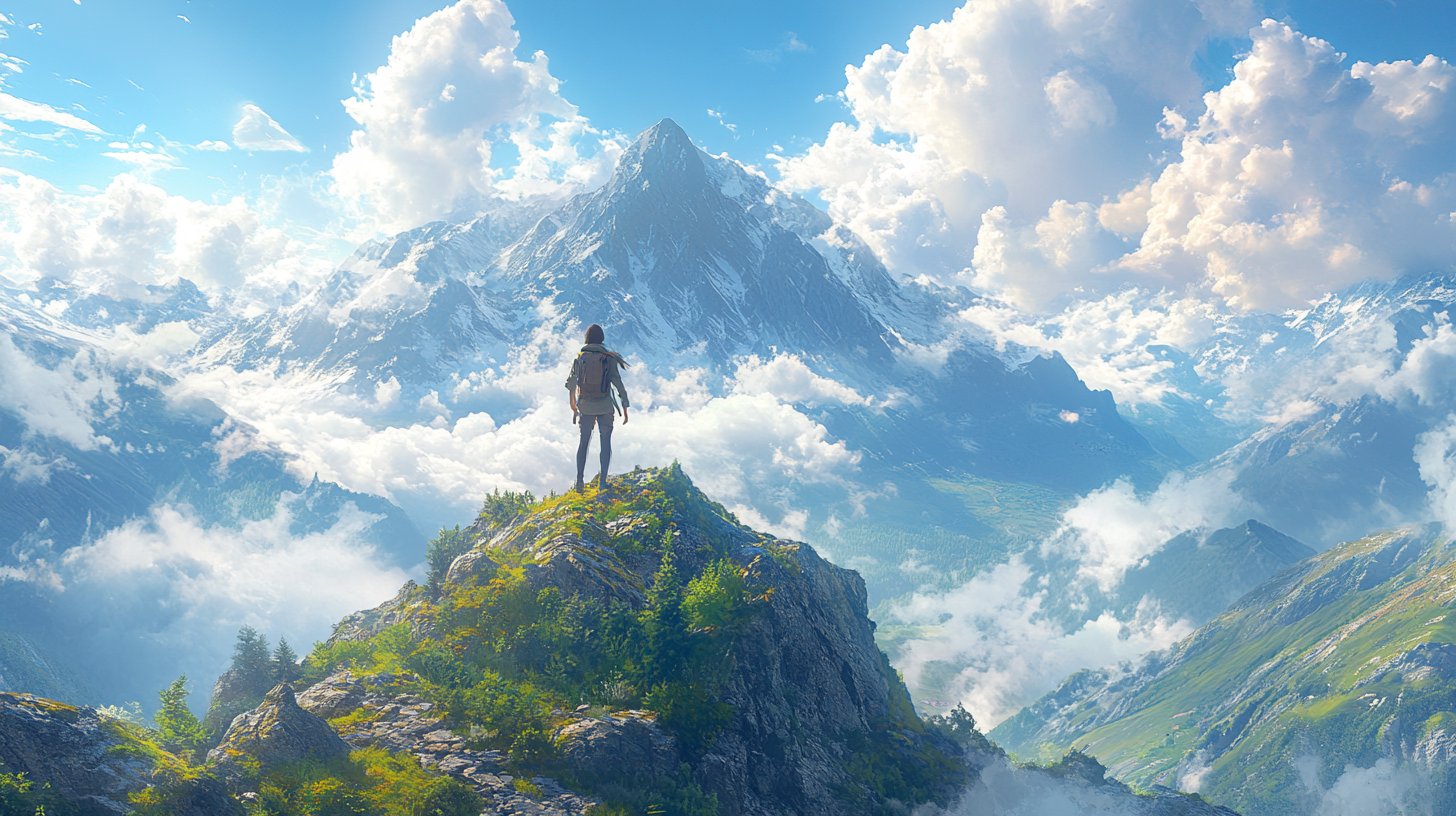 Eine Person steht selbstbewusst auf einem Berggipfel und blickt auf ein atemberaubendes Tal.