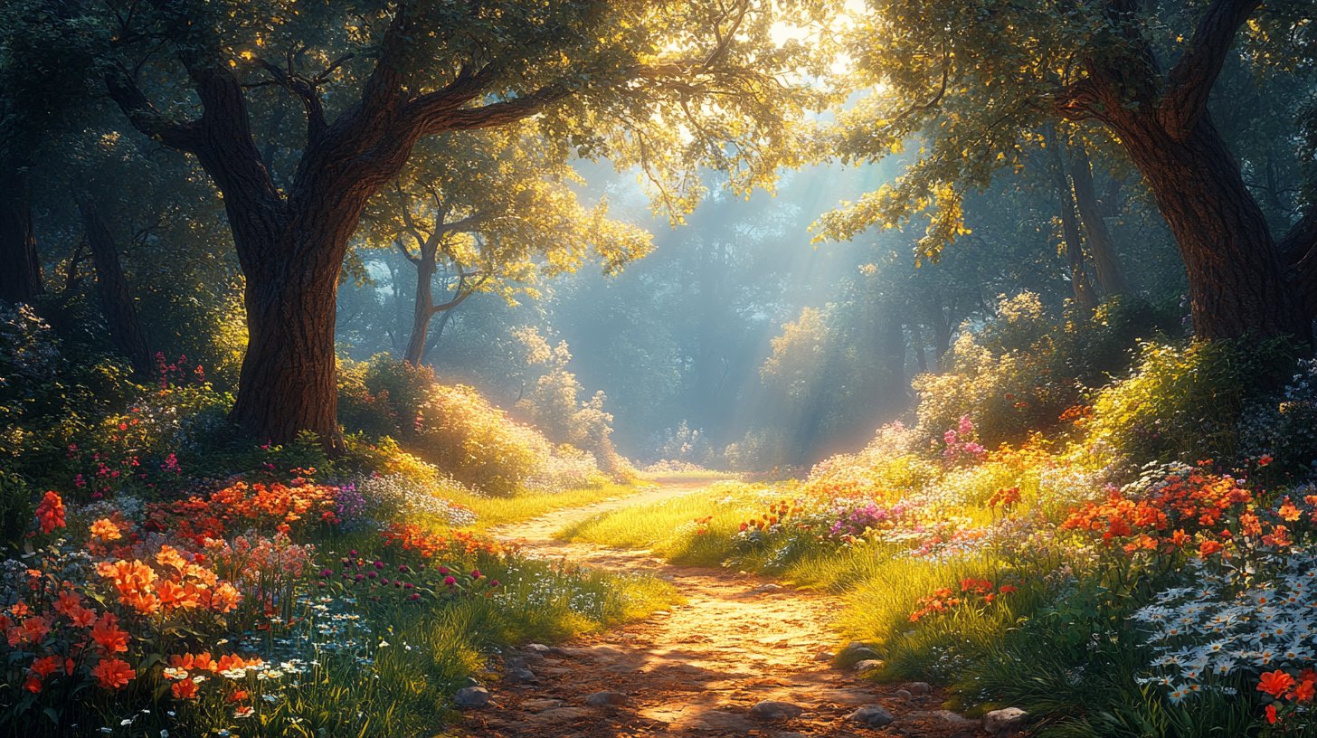 Ein winding Gartenweg führt durch lebhafte Blumen zu einem hellen Horizont.