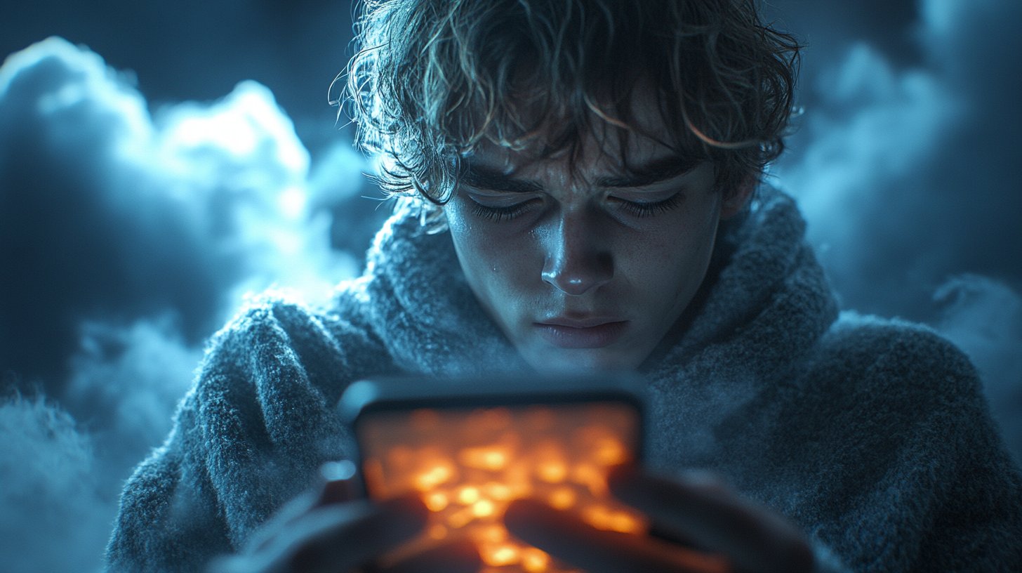 Une personne inquiète tenant un téléphone, sous un ciel nuageux symbolisant la jalousie.