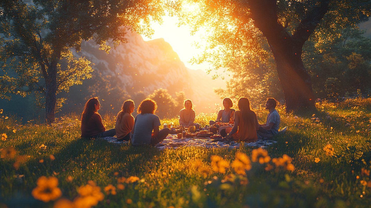 Freunde lachen und teilen Erinnerungen im lebhaften Park.