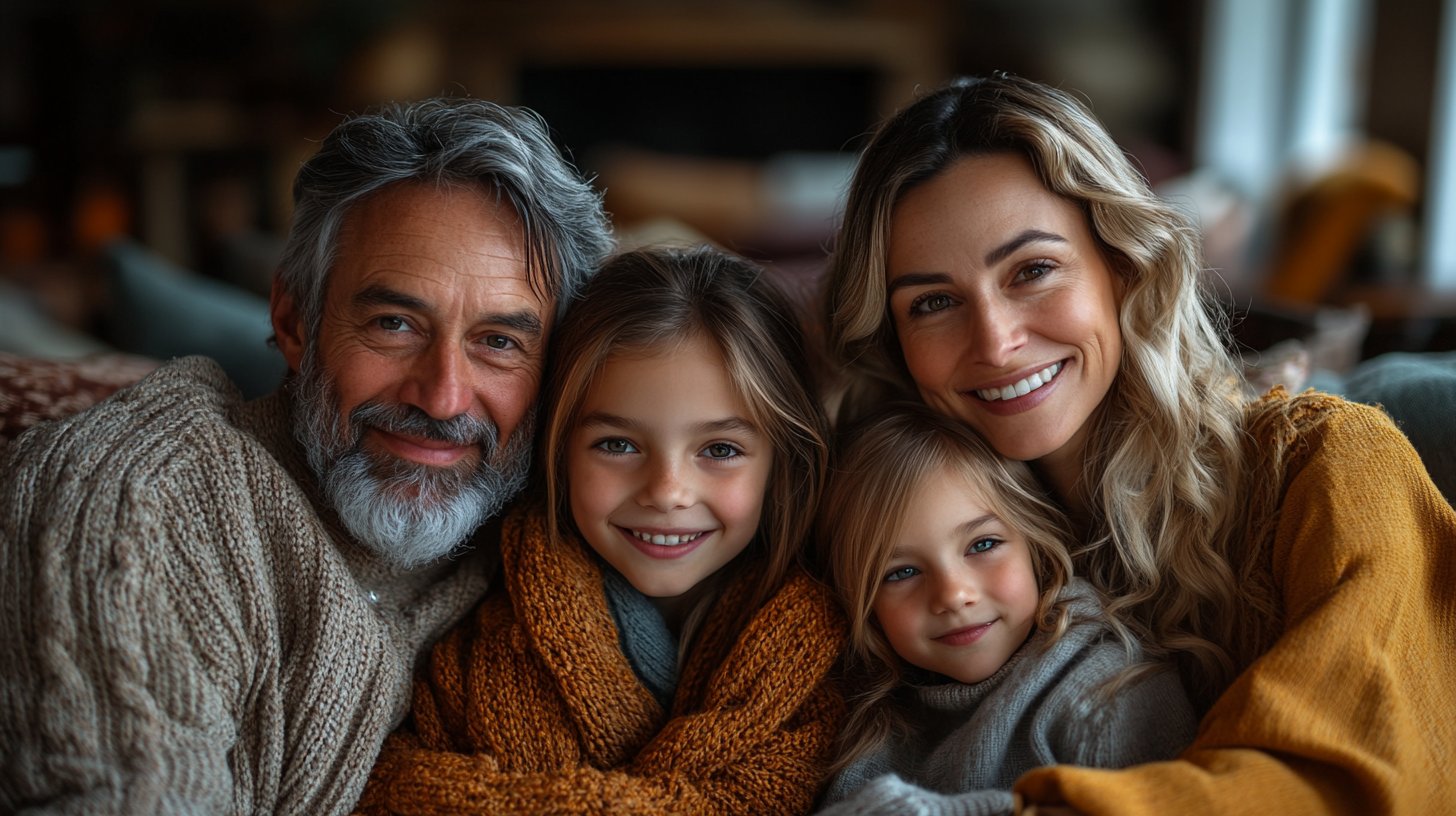 Ein herzlicher Familienporträt in einem gemütlichen Wohnzimmer.
