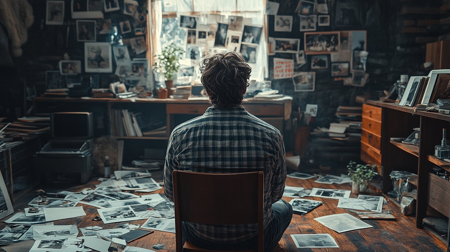 Un hombre mira una foto con una expresión contradictoria, entre pertenencias esparcidas.