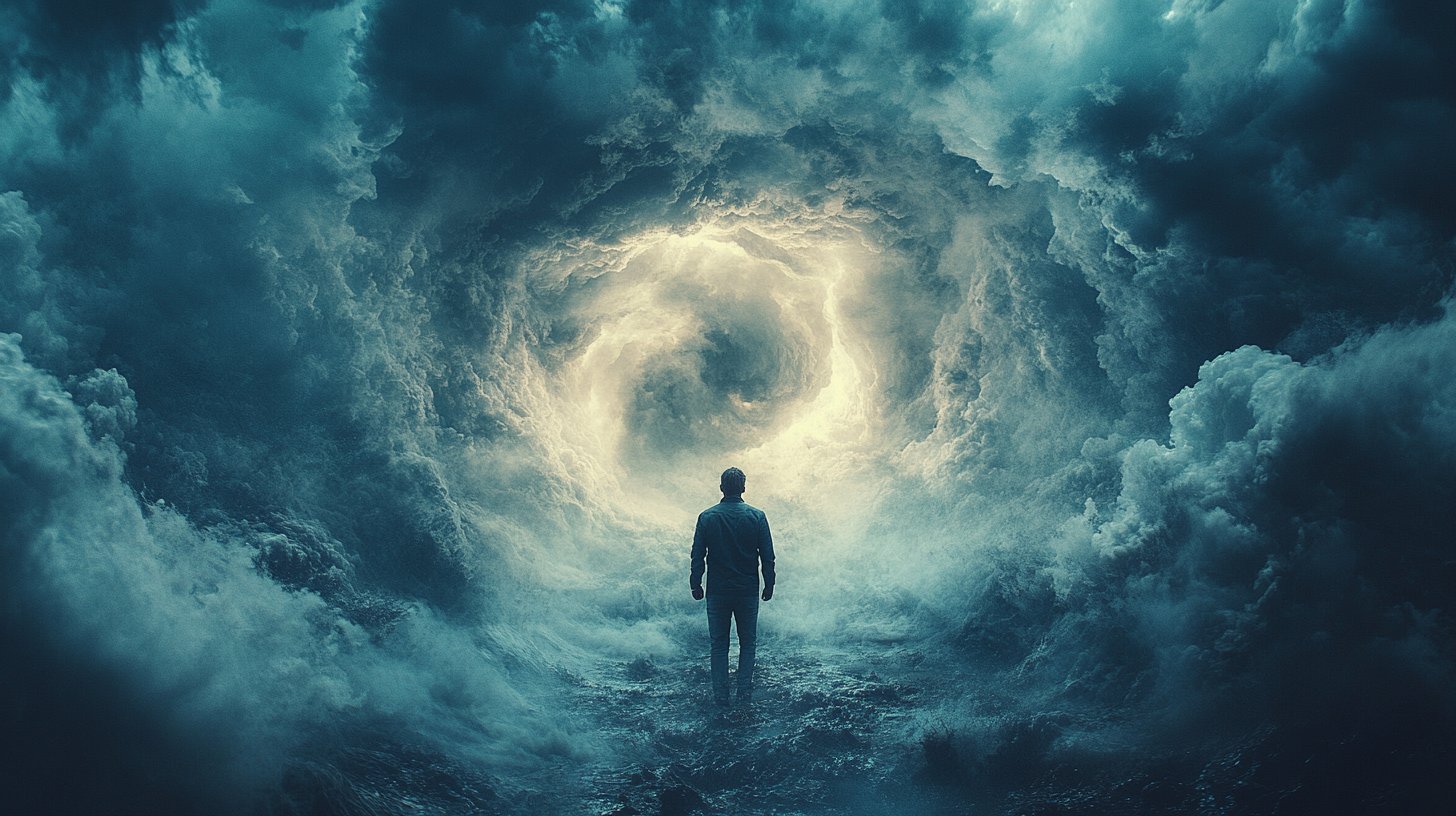 Un hombre se encuentra en una tormenta, con los puños apretados, mostrando ira y frustración.