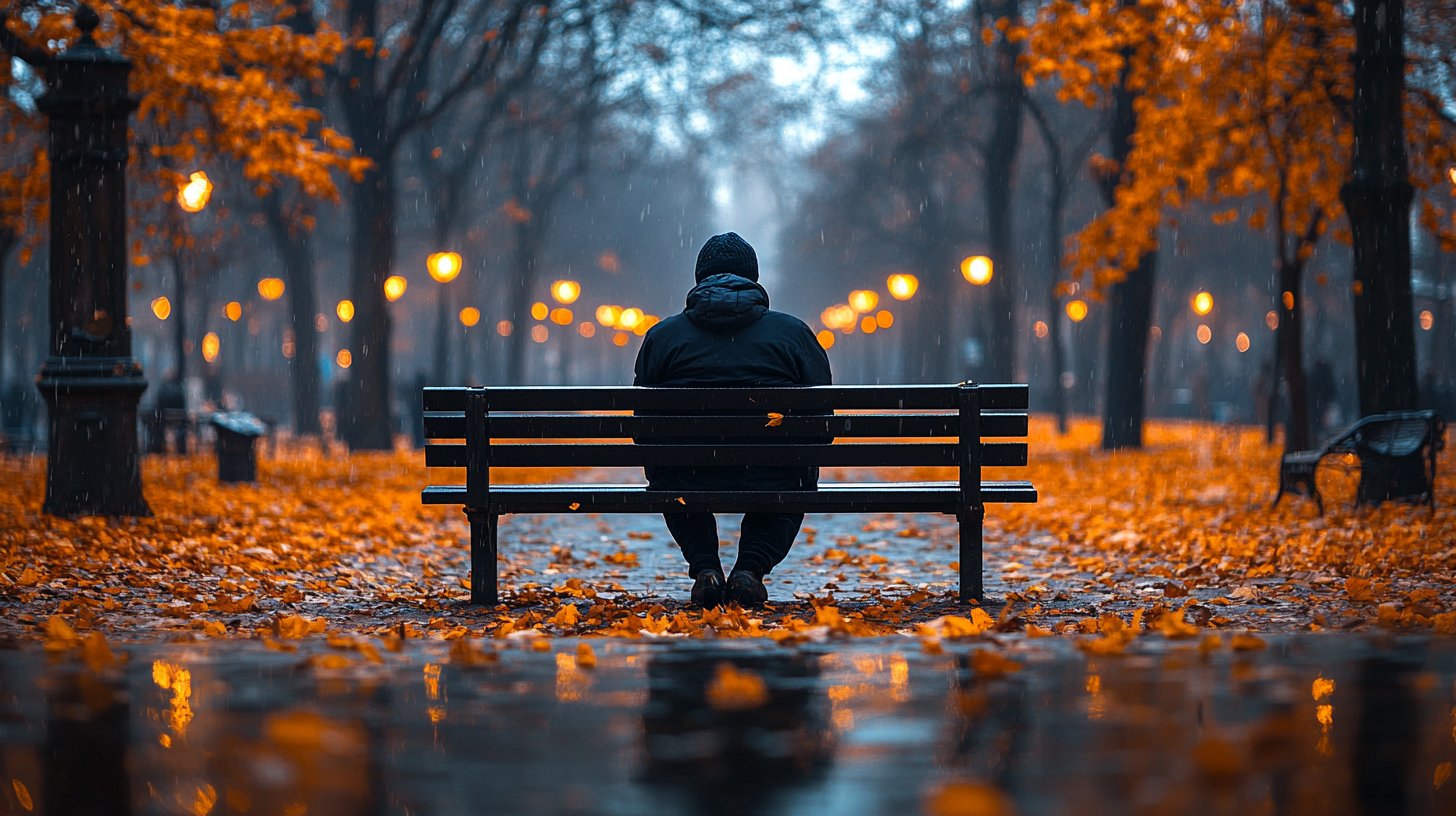 Una figura solitaria se sienta en un banco, con la cabeza baja, rodeada de hojas caídas.