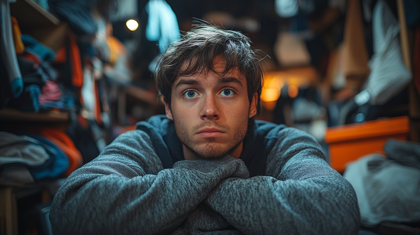 Ein schockierter Mann steht allein in einem schwach beleuchteten Raum.