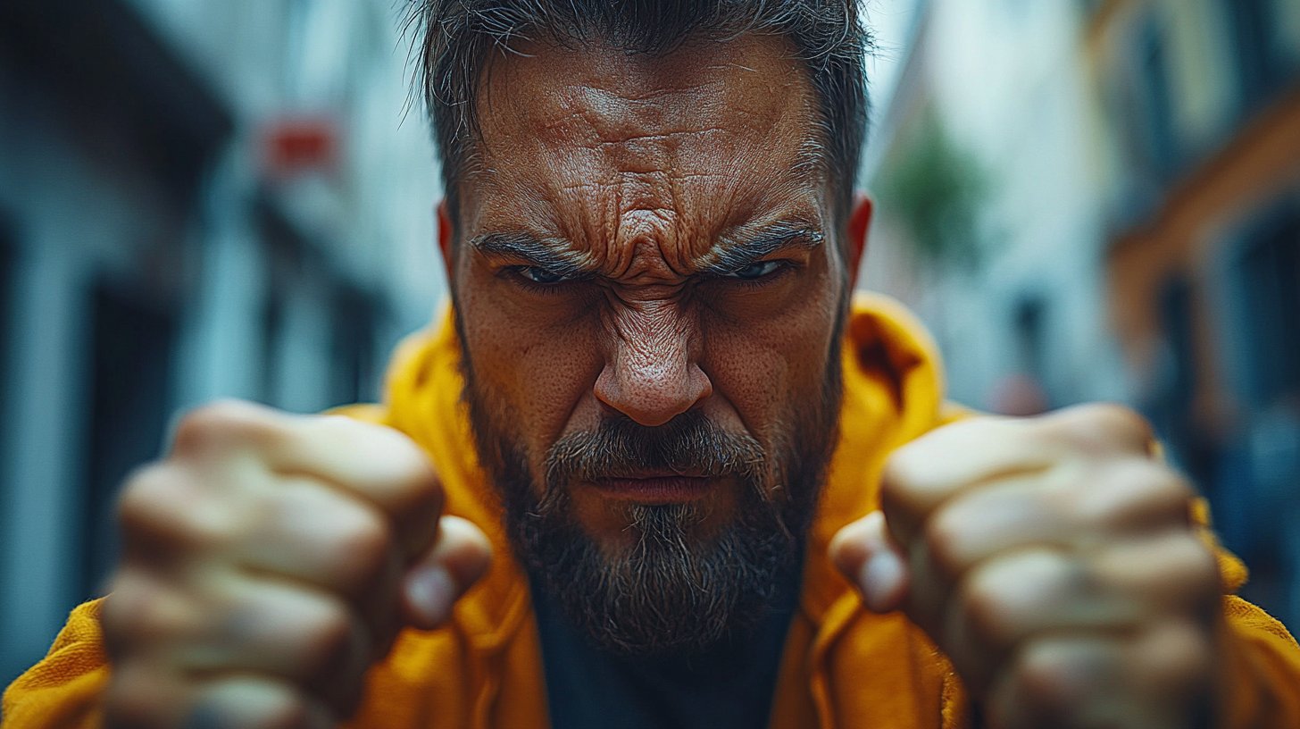 Ein Mann zeigt Wut und Frustration in einem dramatischen städtischen Umfeld.