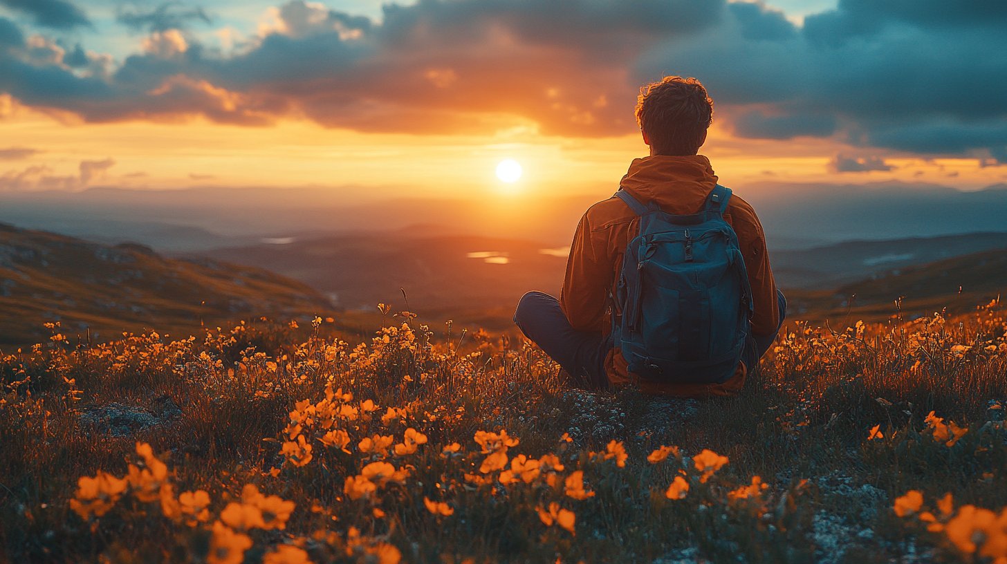 Ein hoffnungsvoller Mann blickt während des Sonnenaufgangs in die Ferne.