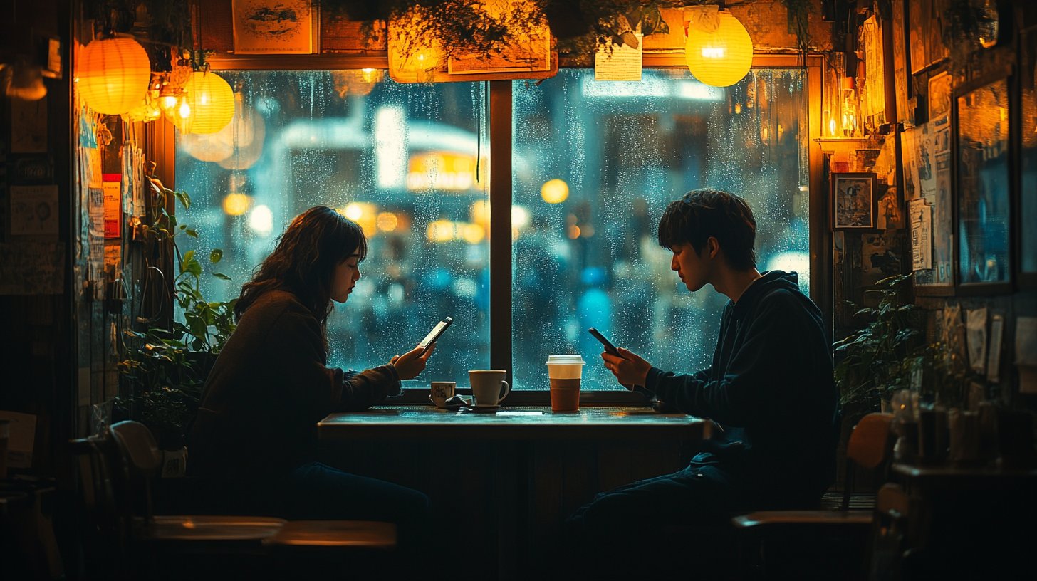 Un smartphone entre deux tasses de café vides.