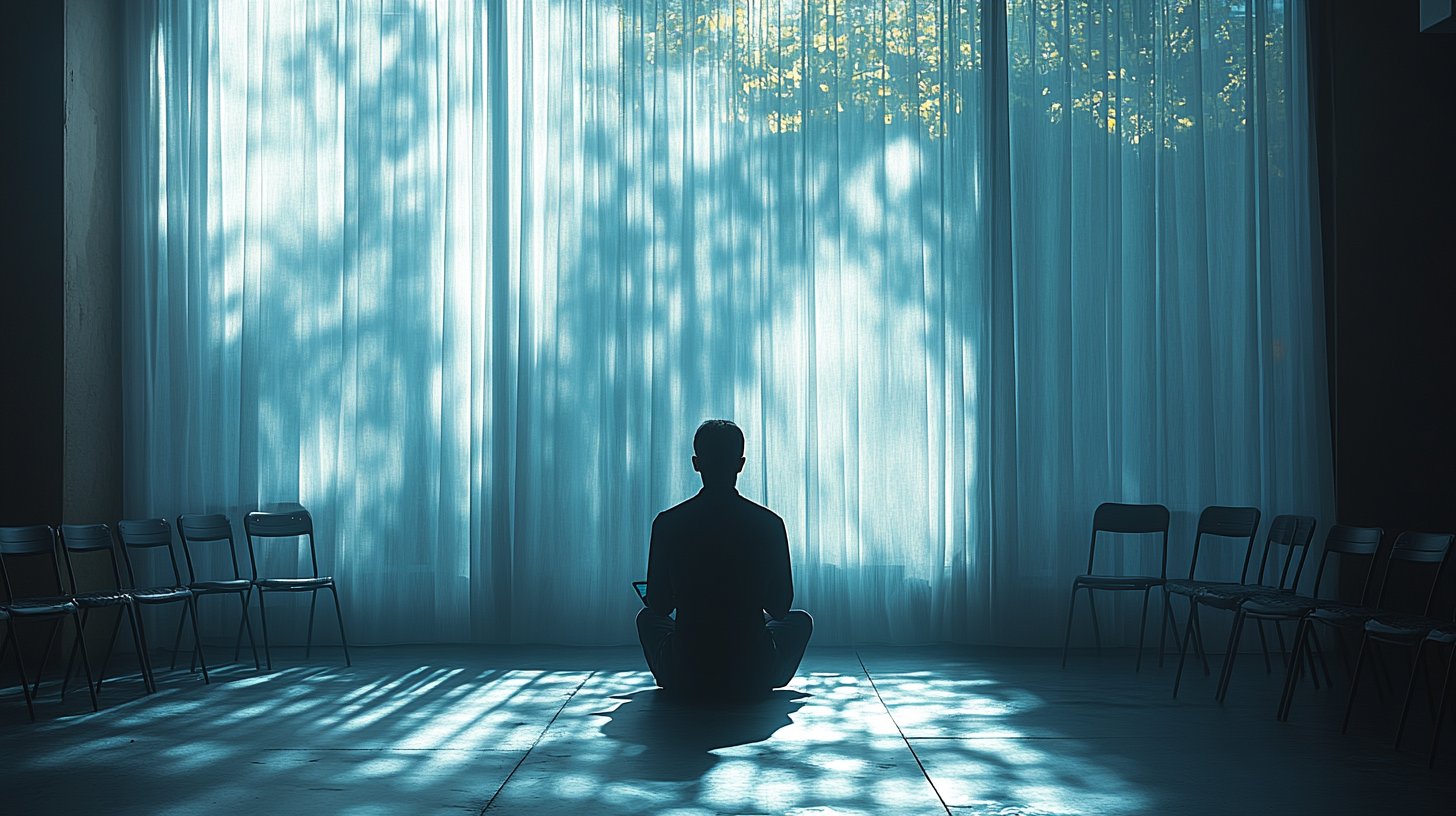 Eine einsame Figur in einem gemütlichen, aber isolierten Raum, umgeben von Schatten.