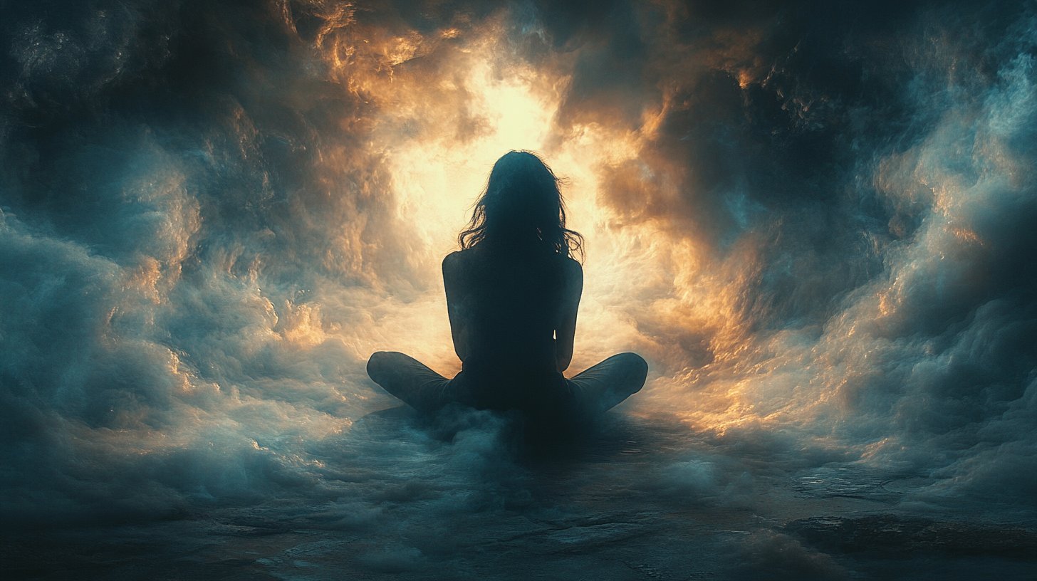 Eine nachdenkliche Person im Dunkel, umgeben von chaotischen Gedanken und Lichtstrahlen.