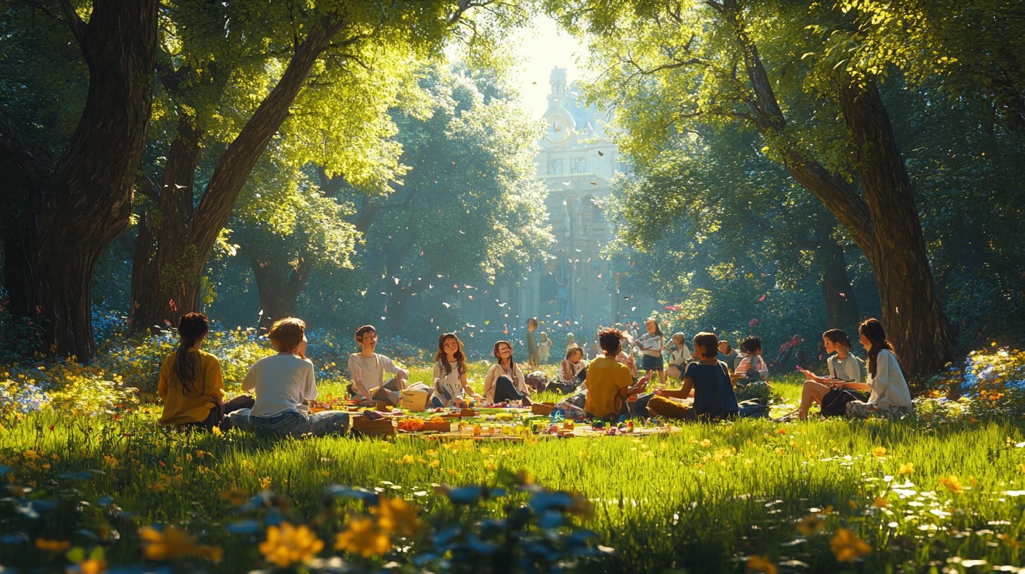 Two friends laughing in a sunlit park, hinting at underlying tension.