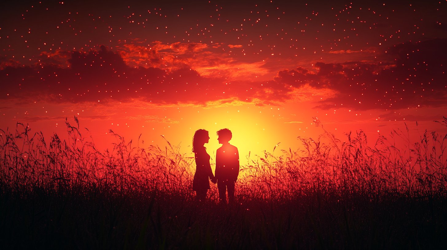 Zwei Silhouetten im Sonnenuntergang, die sich langsam näher kommen.