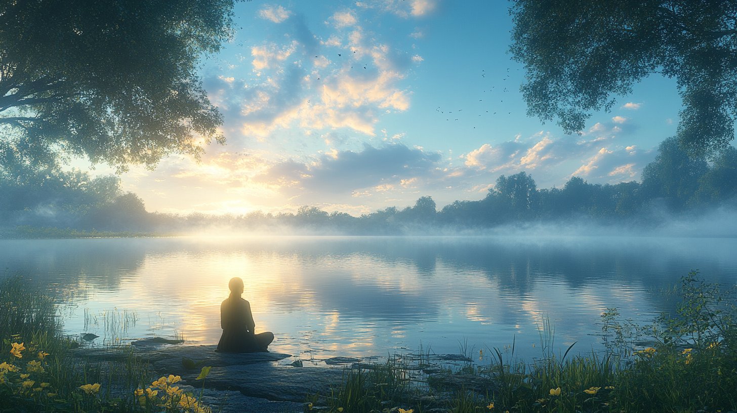 Eine Person am ruhigen See, in Gedanken versunken und umgeben von Natur.