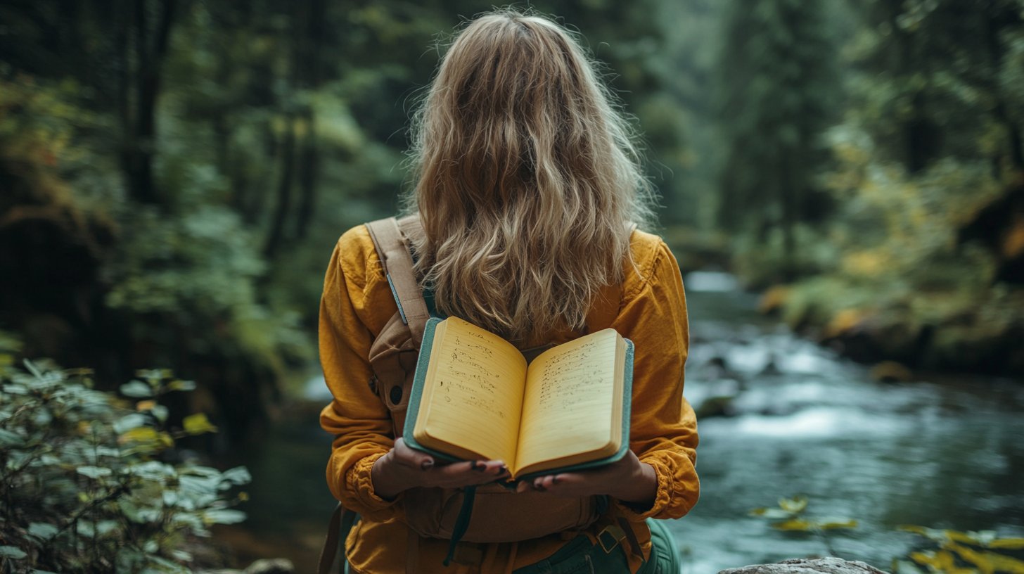 Ein Nahaufnahme einer Person mit einem Journal, umgeben von beruhigender Natur.