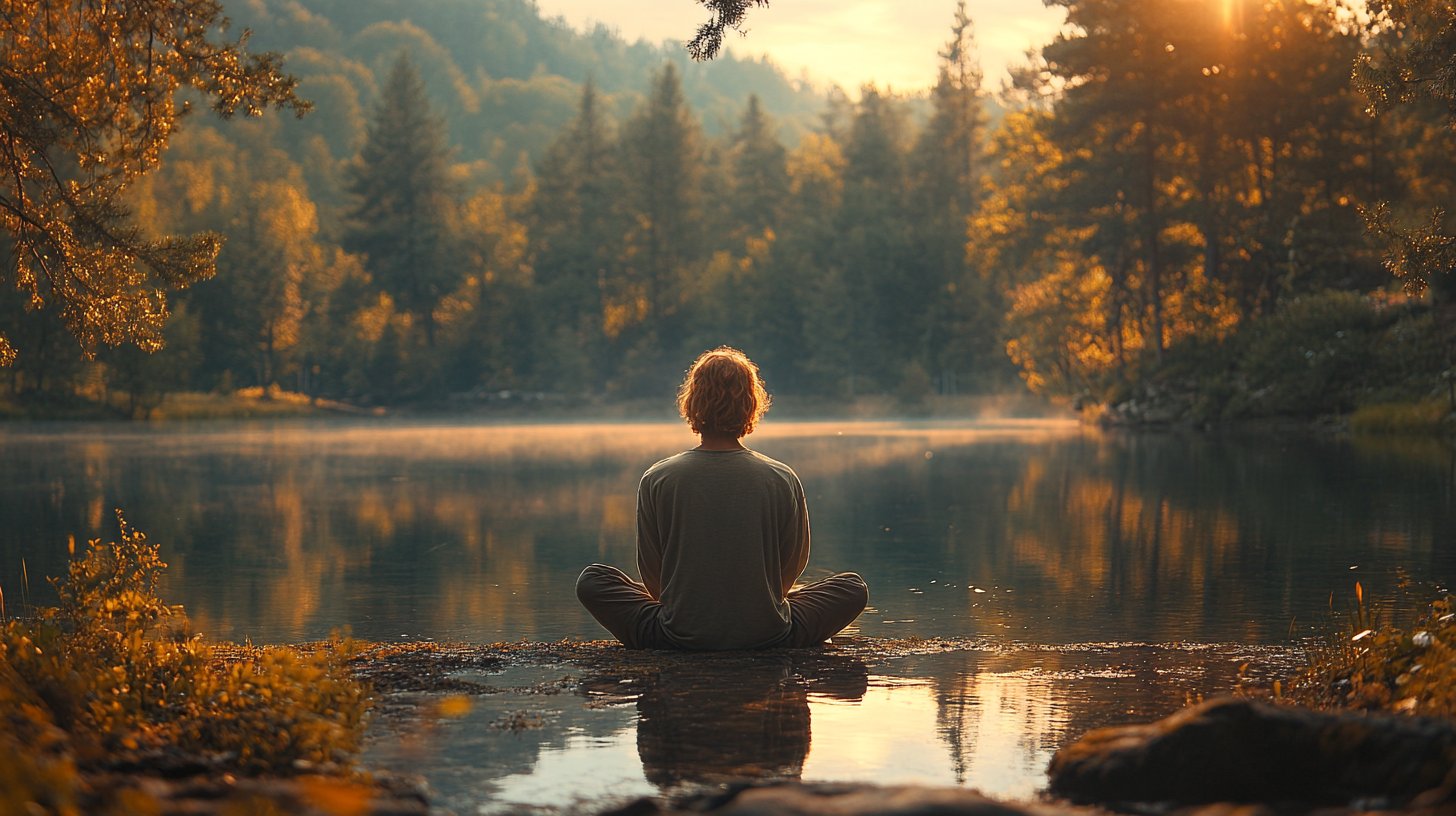 Eine Person am ruhigen See, die sanft ihre Gefühle annimmt.