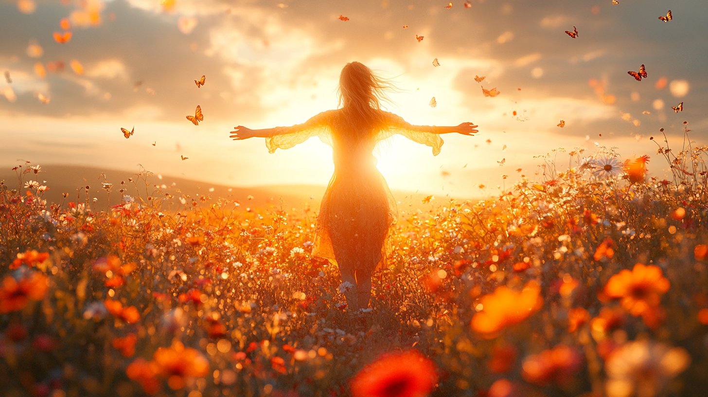 Ein fröhlicher Mensch tanzt unter blauem Himmel in einem Blumenfeld.